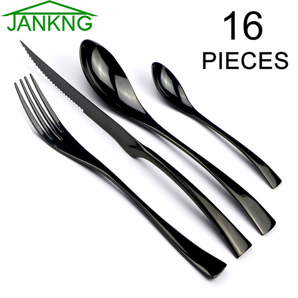 Commercial Kitchen Knives - JANKNG 16-teiliges Edelstahl-Geschirrset, schwarzes Besteckset, Besteck,